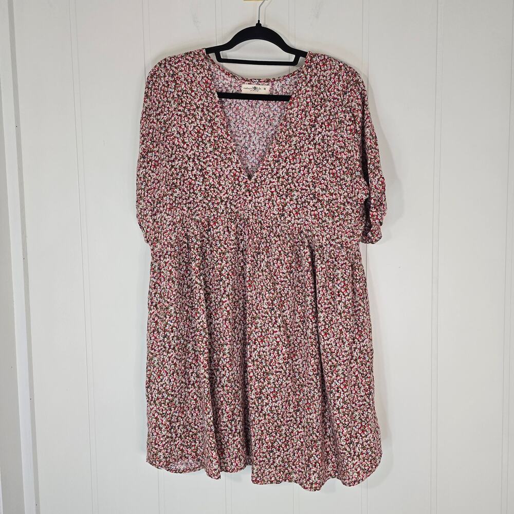 Natural Life Stella V-Neck Mini Dress Ditsy Floral Red Pink Baby Doll Size M